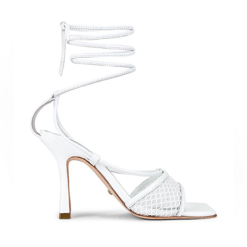 REVOLVE RAYE Penn Square Toe Heel in White Ankle Wrap Ties Lattice Netting 5.5